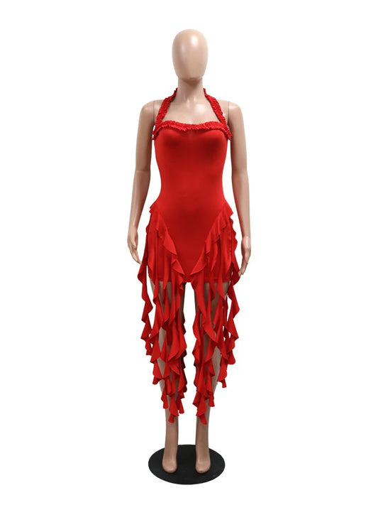 Weird Puss Sexy Halterneck Dress Women Chic Irregular Tassel Hem Backless Midnight Skinny Stretch Birthday Party Club Bodycon
