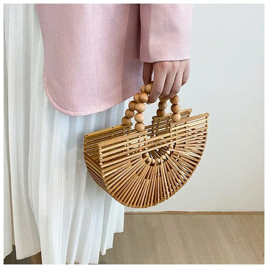 Women's Hand - Woven Bamboo Bag | Bamboo Woven Basket Style, Beach Vacation Essential, Handheld Bucket Design