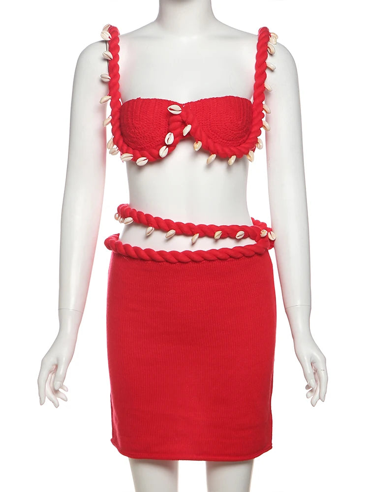 Weird Puss Crochet Applique Patchwork 2 Piece Set Women Sexy Backless Crop Tops+Bandage Hollow Skirts Vacation Beach Party Suits