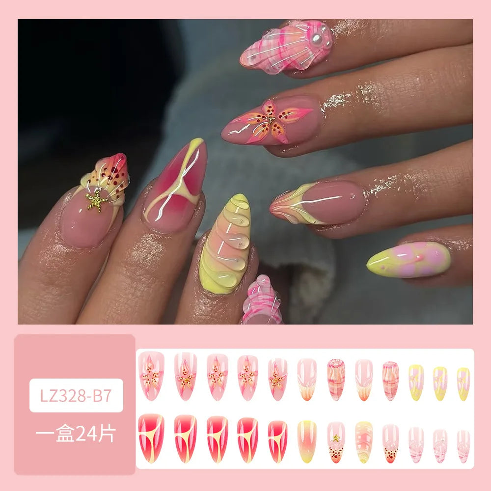 24pcs Summer Almond Press on Nails Ins Simple Flower Shell Decor French False Nails Wearable Reusable Fake Nails for Women Girl