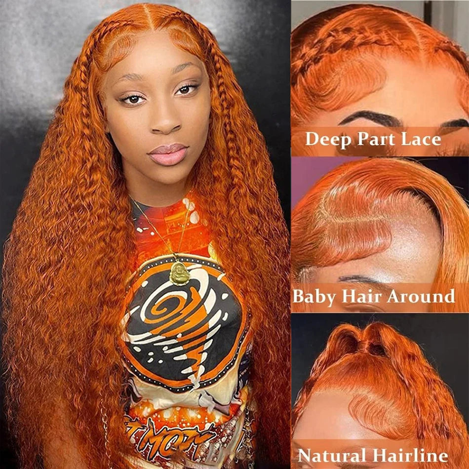 Wiggogo Orange Ginger Lace Front Wig Human Hair 30 Inch Curly Lace Front Human Hair Wig Deep Wave 13X4 13X6 Hd Lace Frontal Wigs