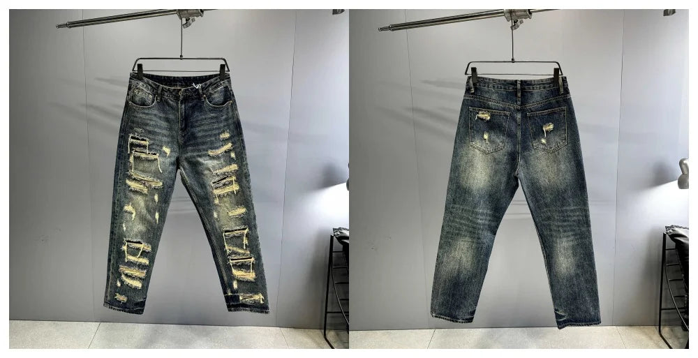 Ripped Baggy Jeans Distressed Denim Streetwear Skateboard Pants Straight Leg Patchwork Oversized Urban Fashion Workwear, men's jeans