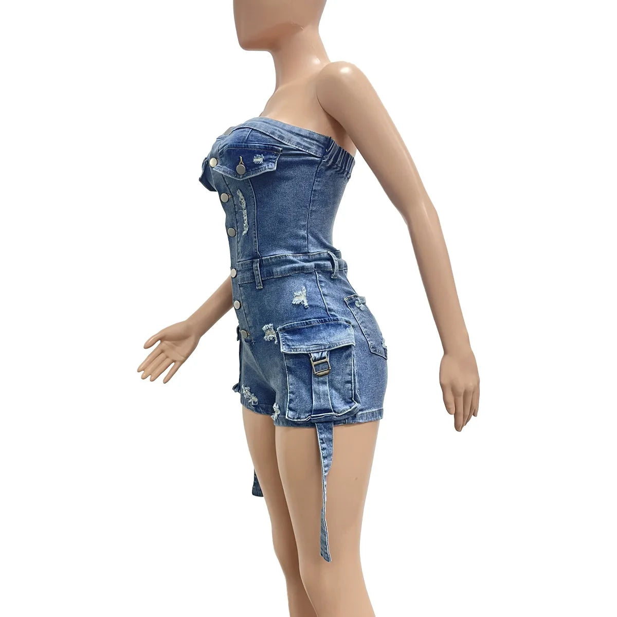 HLJ&GG Blue Sexy jeans Pocket Cargo Bodycon Rompers Women Off Shoulder Sleeveless Backless Slim Jumpsuit Fashion Cowboy Playsuit