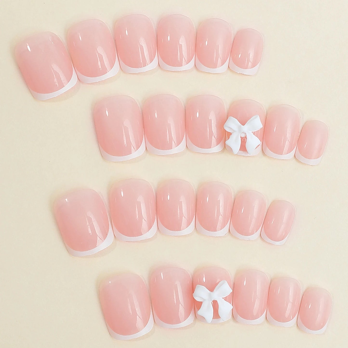 White French Press on Nails 3D Bowknot Fake Nails Tips Full Cover Wearable False Nails for Women and Girls DIY 24Pcs
