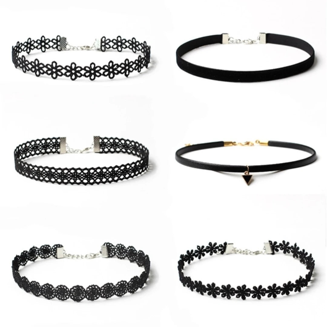 6 Pcs Set Black Simple Fashion Gothic Floral Shape Lace Alloy Choker Necklace Women Party Outfit Jewelry