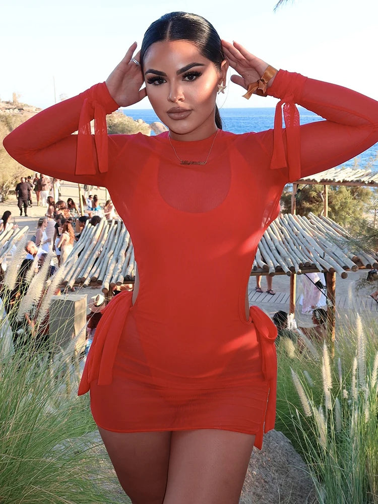 Weird Puss Irregular Backless 2 Piece Set Woman Bandgae Sexy Bodysuits+Mesh See Through Dress Vacation Beach Party Trend Outfits