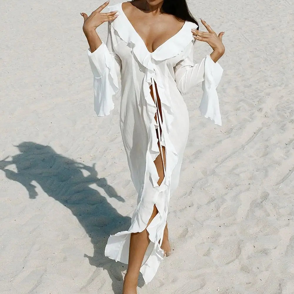 Fashion V Neck Summer Beach Cover Up Ruffled Loose Beach Dress Long Sleeve Vacation Swimsuit Cover Up Dress for Women