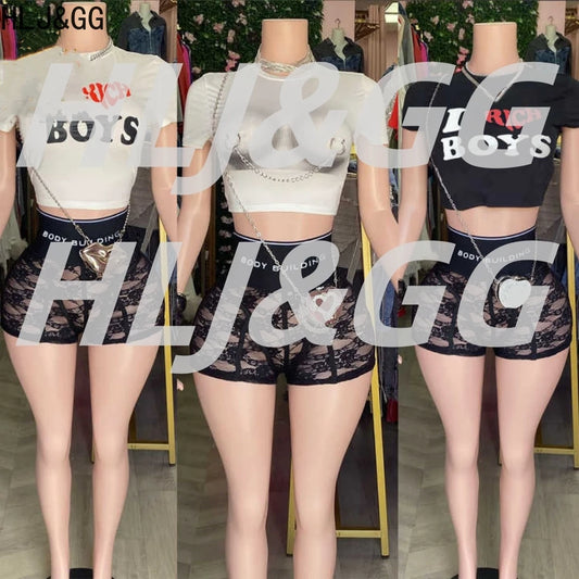 HLJ&GG Trendy Summer New Letter Printing Lace See Though Shorts Two Piece Sets Women Round Neck Slim Crop Top And Shorts Outfits