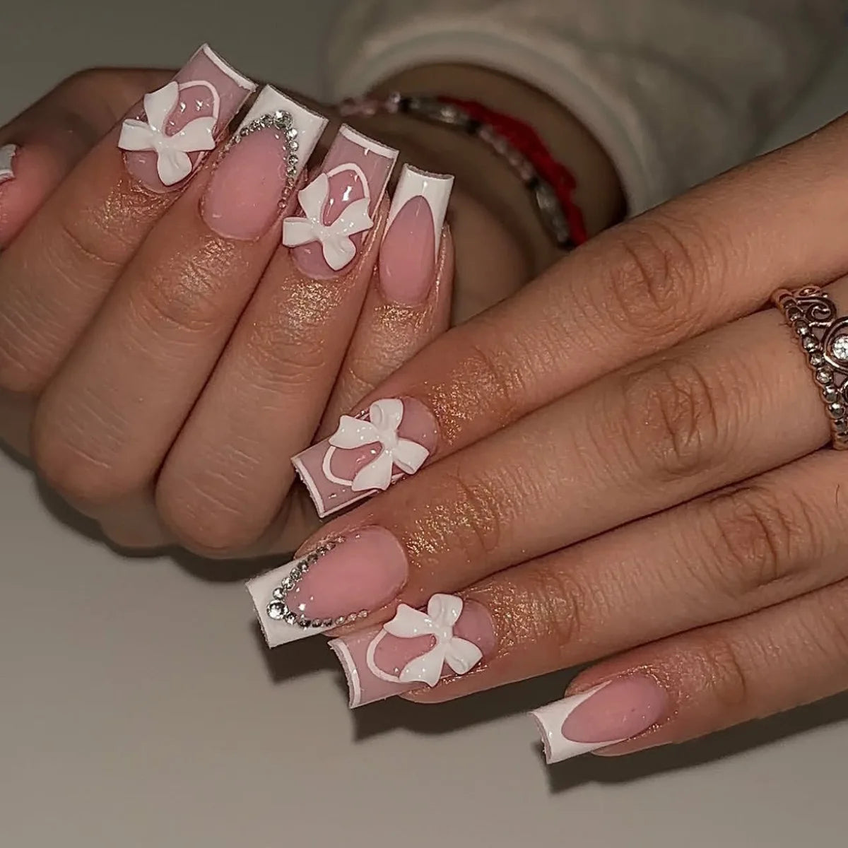 White French Press on Nails 3D Bowknot Fake Nails Tips Full Cover Wearable False Nails for Women and Girls DIY 24Pcs