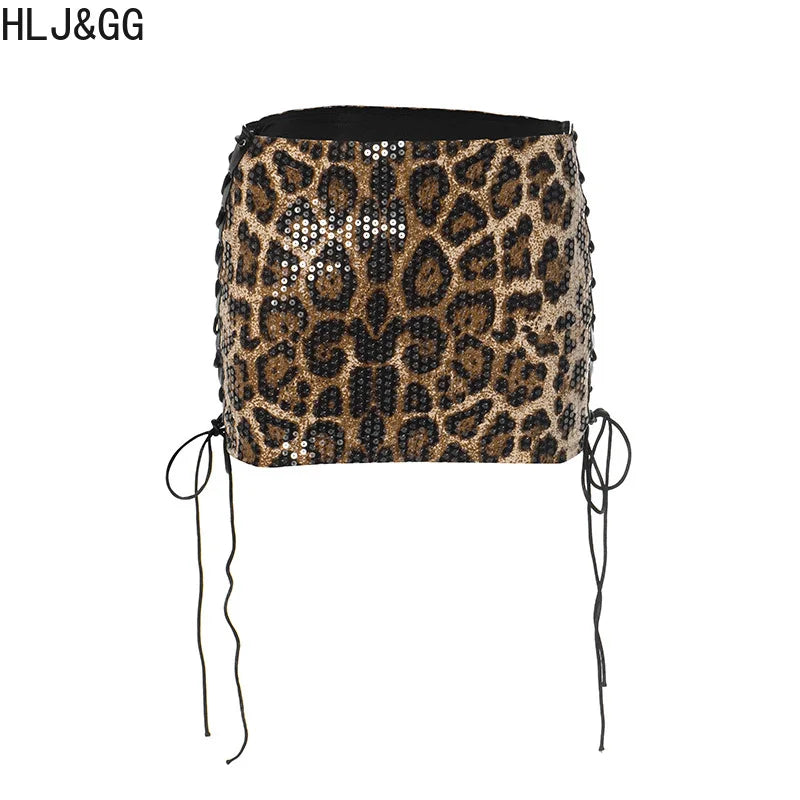 HLJ&GG Fashion Knitting Printing Tank Top Two Piece Set Women Sleeveless Slim Crop Vest+Leopard Side Bandage Mini Skirts Outfits