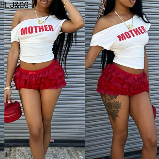 HLJ&GG Red Fashion Letter Backless Tshirts Two Piece Sets Women O Neck Short Sleeve Slim Crop Top And Lace Skirts Shorts Outfits