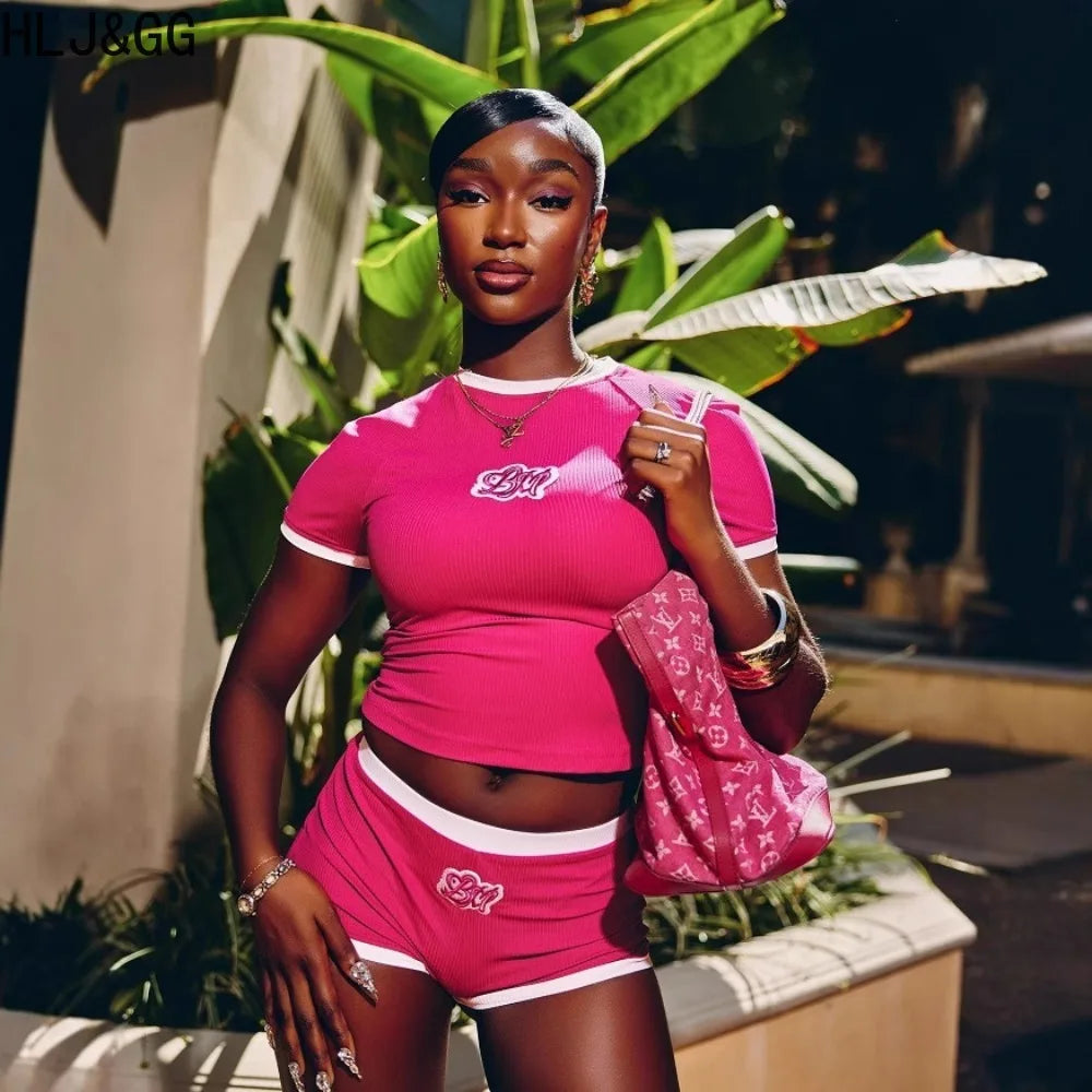 HLJ&GG Y2K Fashion Hot Girl Embroidery Two Piece Sets Women Round Neck Slim Crop Top And Shorts Outfits Summer New 2pcs Outfits