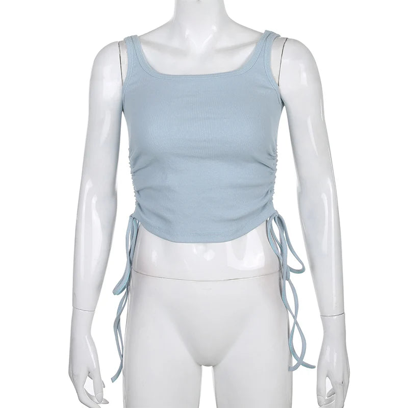 Ruched Sleeveless Tank Tops Tees Women Solid Casual Fashion Crop Top Ladies High Street Tie Up Croptop Summer Fitness