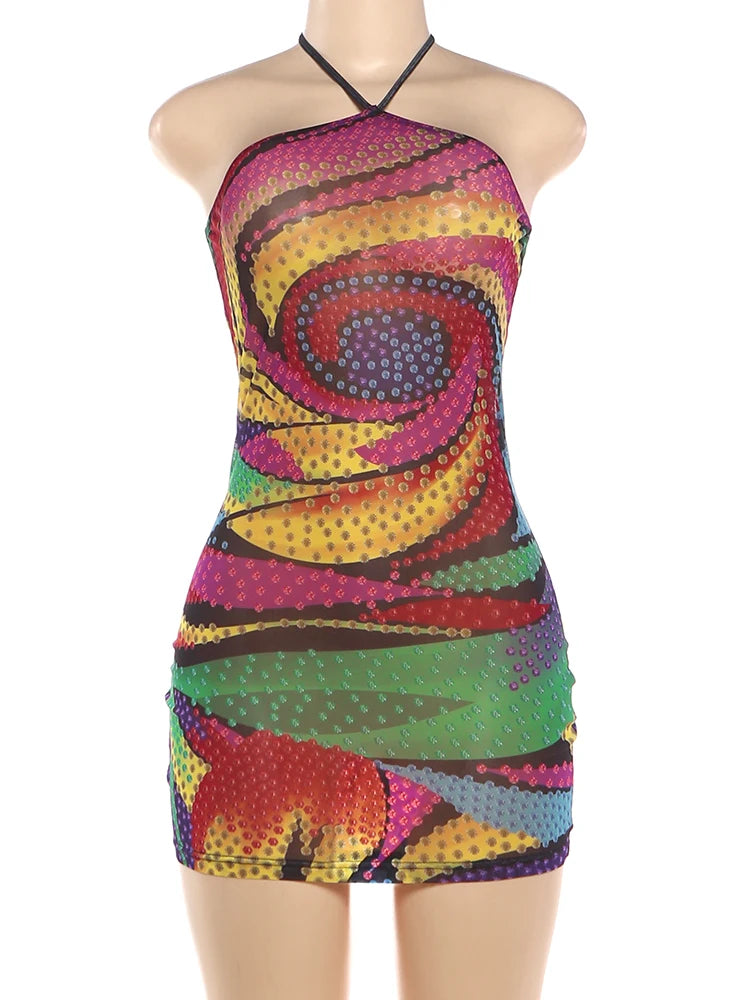Sisterlinda Colorful Print Dress Woman Sexy Backless Lace-Up Halter Off Shoulder Skinny Wrap Hip Midnight Club Party Bodycon