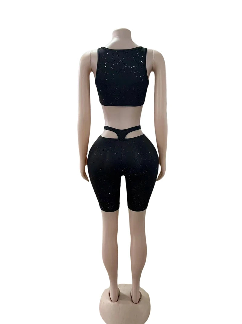 STYLISH LADY Black Sparkly 2 Piece Set Women Spaghetti Strap Crop Top and Shorts Suits 2025 Summer Hollow Out Club Party Outfits