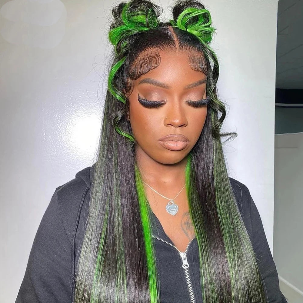 13x4 Ombre Black And Green Straight Lace Frontal Wigs Human Hair 13x6 1B/Green Lace Front Wig Human Hair Pre Plucked Wigs