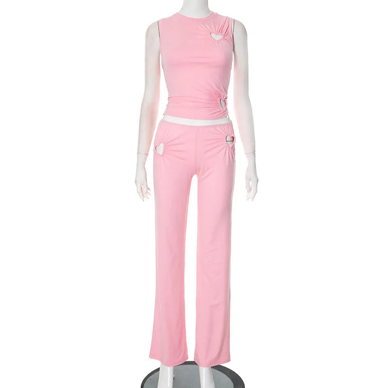 STYLISH LADY Cut Out Heart Fitness 2 Piece Set Women Sleeveless Crop Top and Skinny Pant Suits 2025 Summer Hot Girl Tracksuits