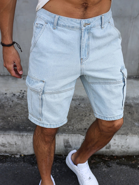summer light blue regular denim shorts. In a utility style. With a multi-pocket design. Casual street style. Men's jeans