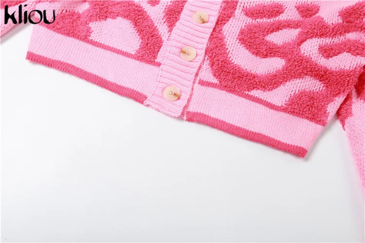 Kliou Knit Coats ladies Autumn New Full Sleeve Breasted Buttons V-neck Ruched Sweather Outwear Bare Midriff Street Tops