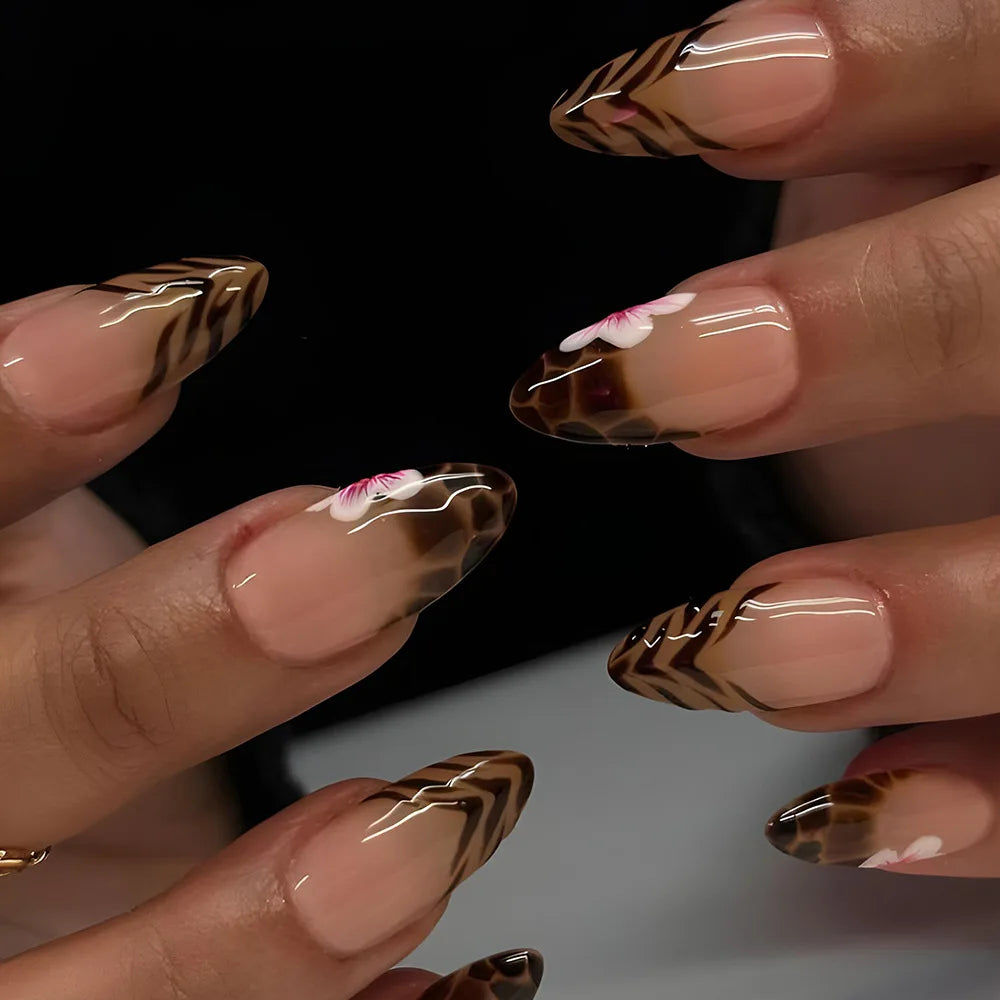 24pcs French Almond Press on Nails Leopard Print False Nails 3D Bow Wearable Stick-on Nails Fake Nail Uñas Накладные Ногти 네일팁