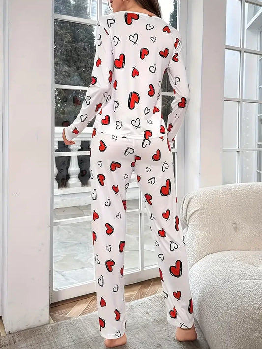 Autumn Winter Sleepwear Women Heart Print Knitted Round-Neck Loose Tops and Elastic Long Pants Pajama Set Loungewear