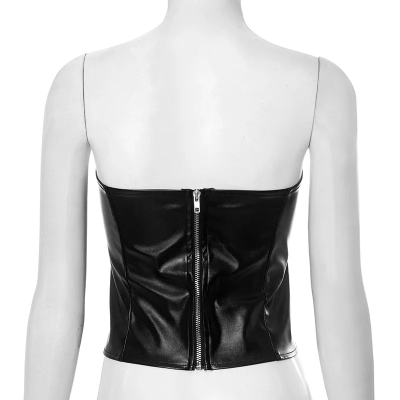 Nsauye Strapless Women Basic Casual Streetwear Night Club Fashion Summer Crop Tops PU Leather Mini Skinny Hollow Out Tank Tops