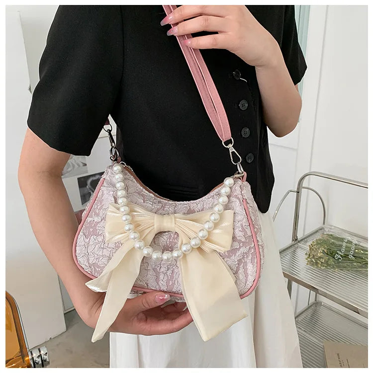 Pearl Female Bag Retro Luxury Designer Handbag Bow Crossbody Bags Fashion Canvas Women's 2023 Trend Shoulder bag Purses