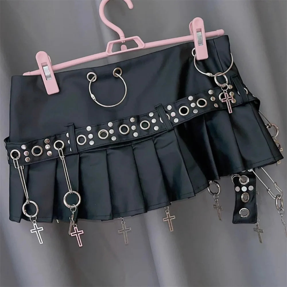 Original European American Women's Clothing New Punk Big PU Leather Belt Pleated Skirt Sexy Sweet Cool Locomotive Skirts Female