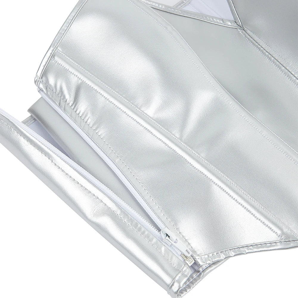 Women Short Bandeau Corset Silver Strapless Bustier Crop Tube Top Summer Streetwear