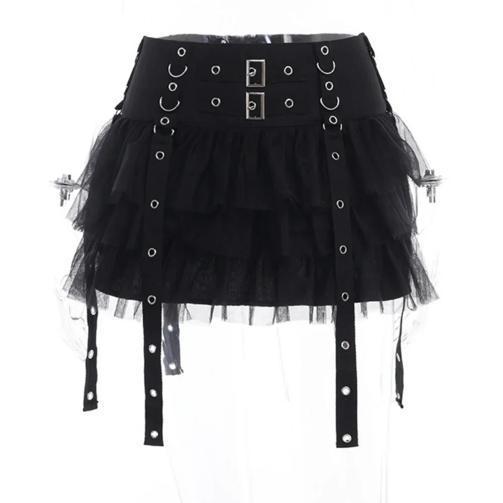 HLJ&GG Black Y2K Punk Streetwear Women Mesh See Though Bodysuits + Stacked Mini Skirts Two Piece Sets Fashion Trend 2pcs Outfits