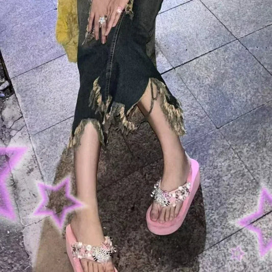 Cute Home Soft Flip-flop Sandals Y2k Beach Shoes Around Cartoons Women Kawayi Leisure Wedge-shaped High Heels and Thick Soles.