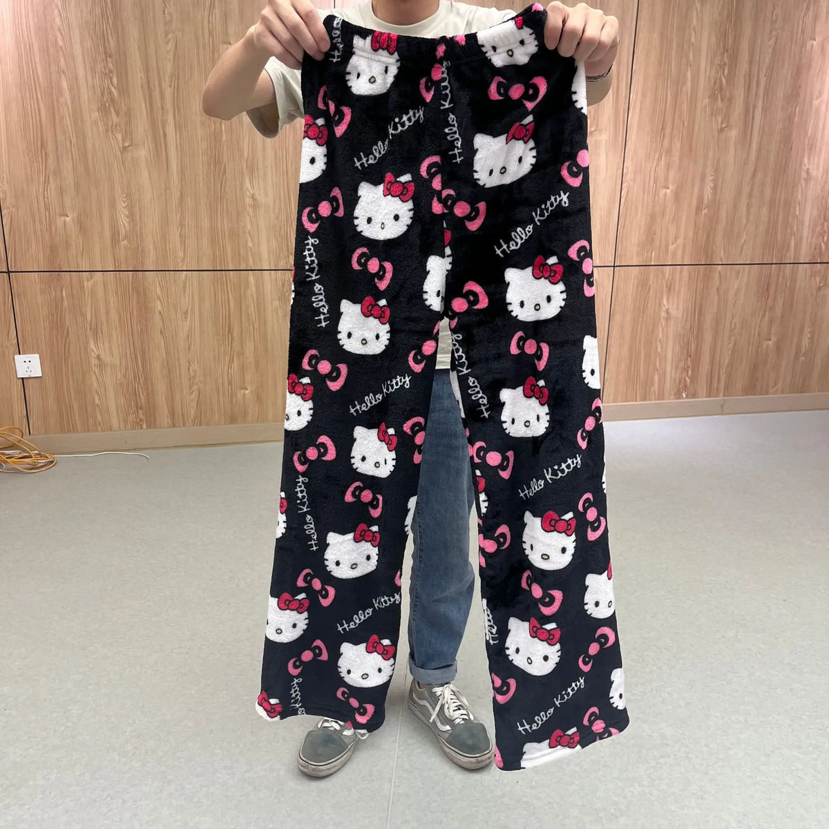 Sanrio Hello Kitty Soft Flannel Wide Leg Pajama Pants Printed Casual Home Loungewear For Women Daily Sleeping Relaxing Wear