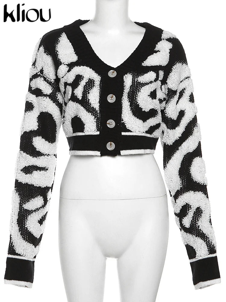 Kliou Knit Coats ladies Autumn New Full Sleeve Breasted Buttons V-neck Ruched Sweather Outwear Bare Midriff Street Tops