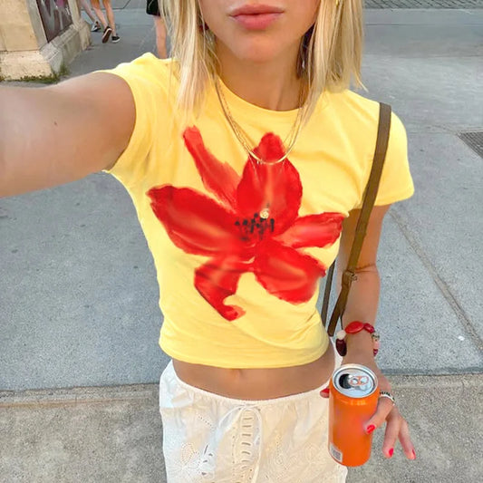 STYLISH LADY Contrast Color Floral Printed Crop Tops 2025 Summer Women Short Sleeve O Neck Casual Holiday Street T Shirts Tees