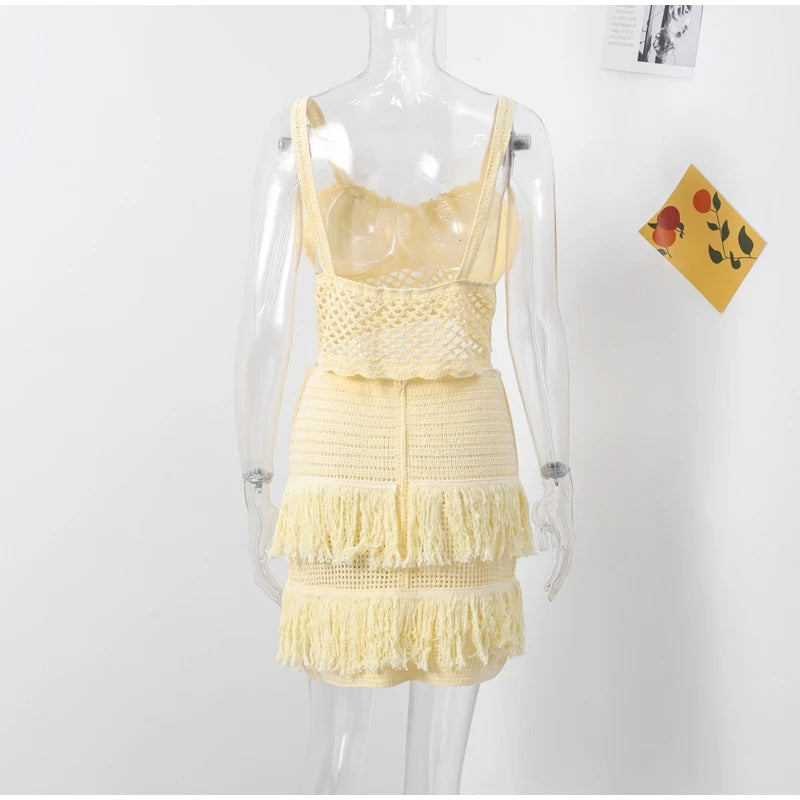 Sexy Knitted Tassels Top Mini Skirt Set Women Crop Bikini Vests Multi Layers Fringe Skirts 2025 Summer Beach Party Outfits Lady