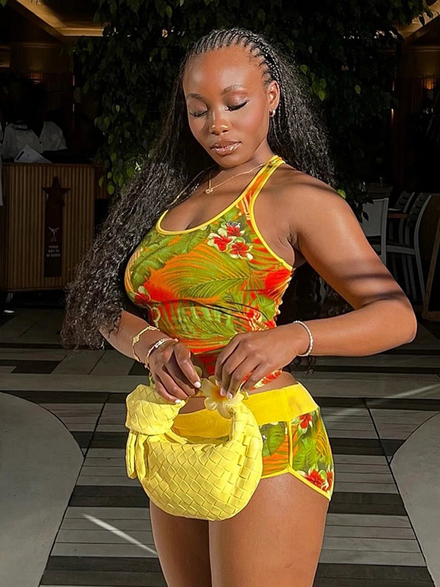 Weird Puss Colorful Print Women Tracksuit 2Piece Set Summer Casual Tank Tops+Shorts Matching Streetwear Stretch Activity Outfits