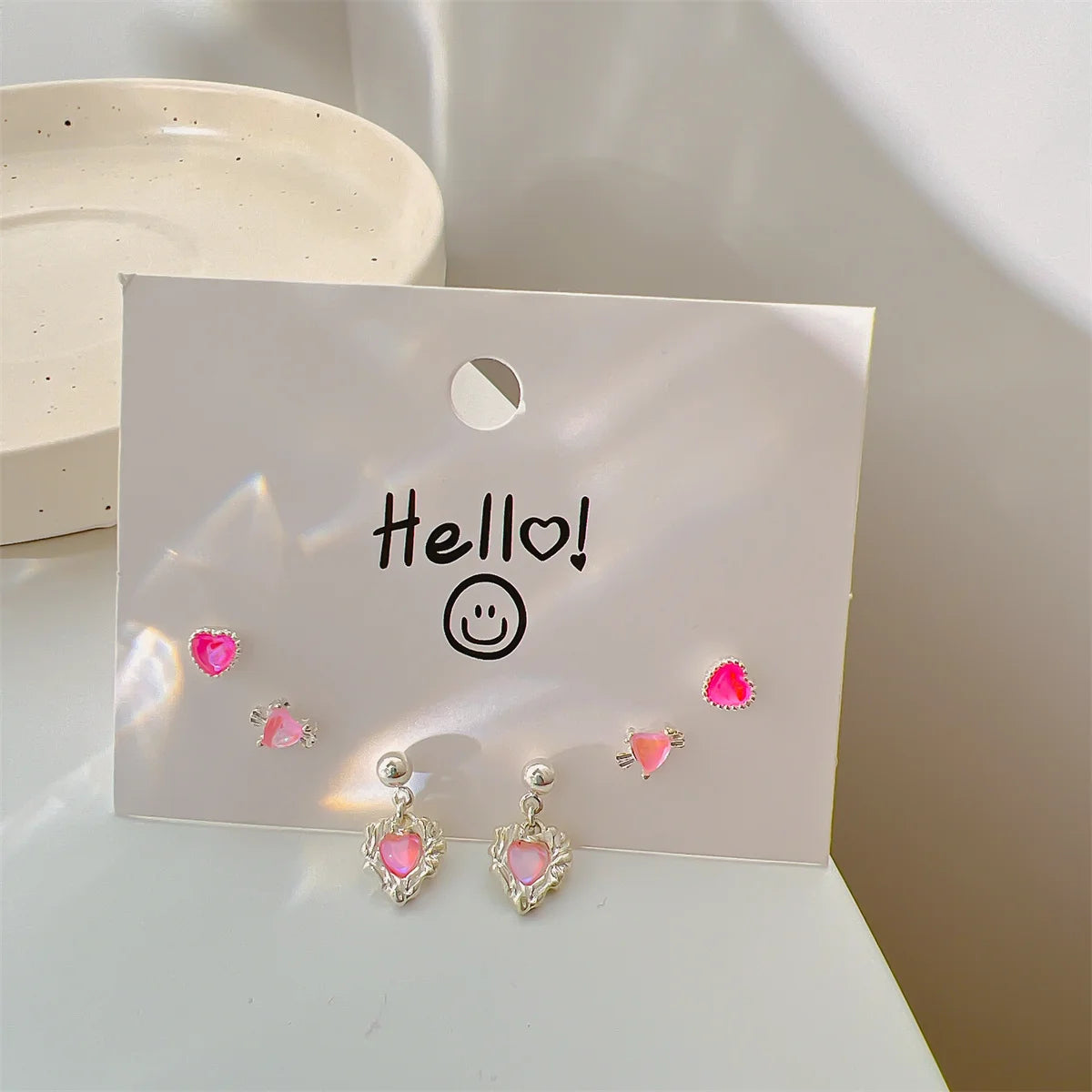17KM INS Y2K Pink Heart Stud Earrings for Women Girls Korean Bow Dangle Earring Set Sweet Crystal Drop Earring Fashion Jewelry