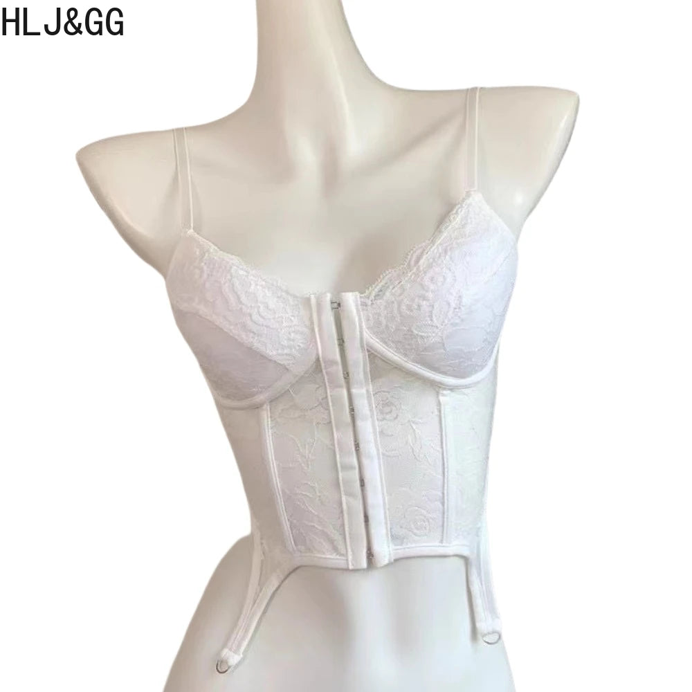 HLJ&GG Sexy Lace See Though Bandage Skinny Shorts Two Piece Sets Women V Neck Spaghetti Strap Slim Crop Top And Shorts Outfits