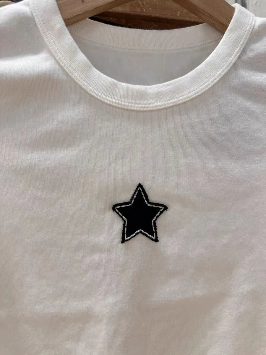 Sweet Star Appliques Slim Crop Top ladies Round Neck Short Sleeve Cotton Cropped T Shirt Summer Cute All-match T-shirts Y2K Tops