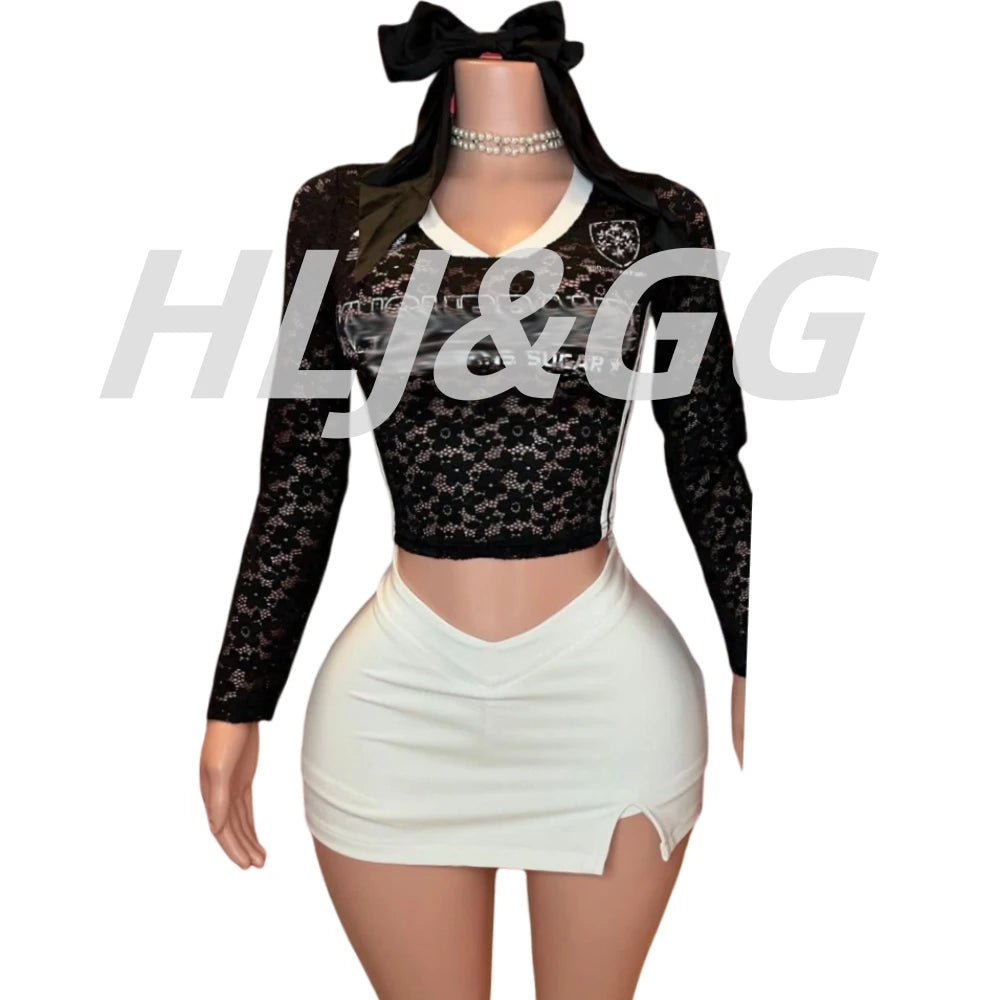 HLJ&GG Summer New Lace Letter Print Two Piece Sets Women V Neck Long Sleeve Top And Mini Skirts Outfits Fashion Streetwear 2025