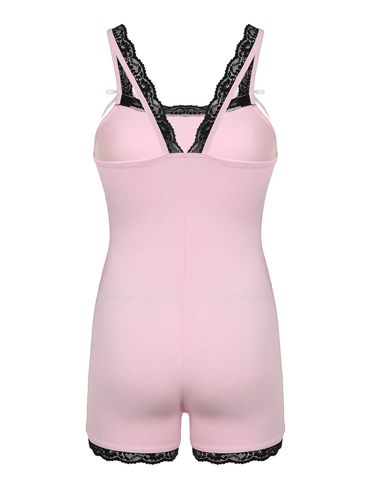 Contrast Lace Patchwork Square Collar Skinny Sexy Straps Rompers Playsuits Sweet Cute Y2K Clothing