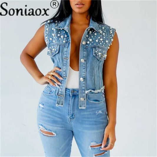 2024 Summer New Denim Jacket Coat Women Lapel Short Jacket Casual Jacket Vest Beaded Diamond Denim Vest Jacket Women Streetwear