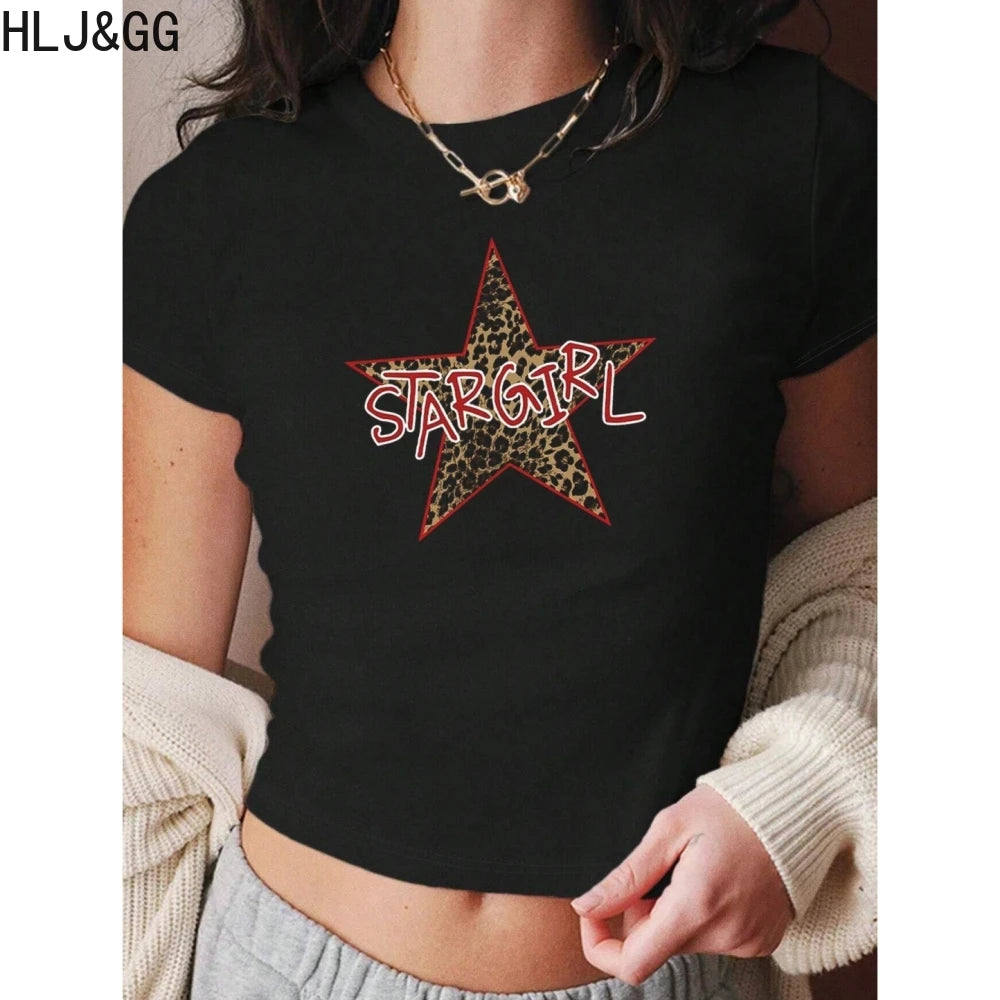 HLJ&GG Y2K Summer New Leopard Print Two Piece Ssets Women O Neck Short Sleeve Tshirts And Bow Shorts Outfits Fashion Streetwear