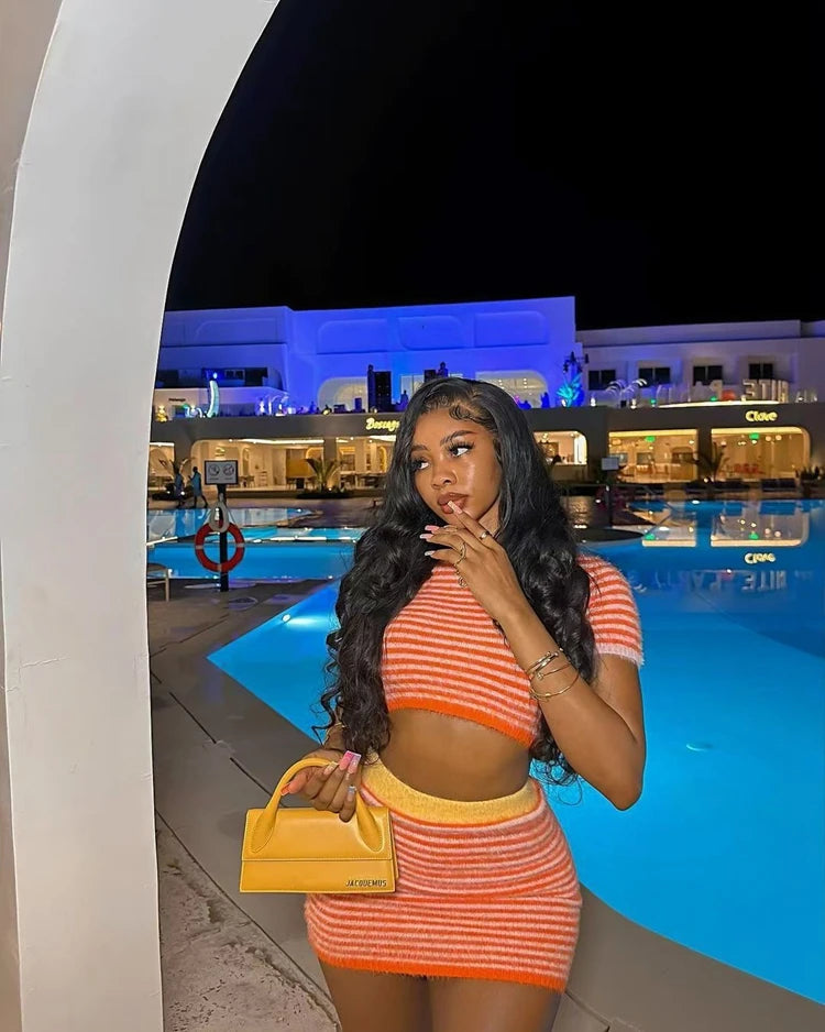 STYLISH LADY Striped Printed Knitted 2 Piece Set Women Short Sleeve Crop Top and Mini Skirt Suits 2025 Summer Sexy Club Outfits