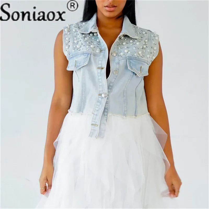 2024 Summer New jeans Jacket Coat Women Lapel Short Jacket Casual Jacket Vest Beaded Diamond Vest Jacket Women Streetwear