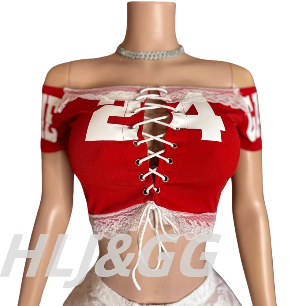 HLJ&GG Y2K Fashion Lace Bandage Hollow Out Two Piece Sets Women Off Shoulder Short Sleeve Slim Crop Top And Ruffle Shorts Outfit