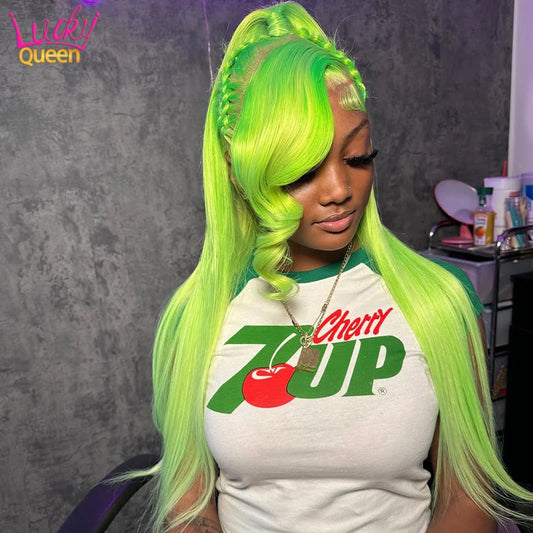 613 Colorful Wigs Green Apple Color Human Hair Pre Plucked For Women Lace Front Transparent Lace 180 Density Straight Baby Hair