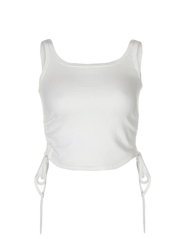 Ruched Sleeveless Tank Tops Tees Women Solid Casual Fashion Crop Top Ladies High Street Tie Up Croptop Summer Fitness
