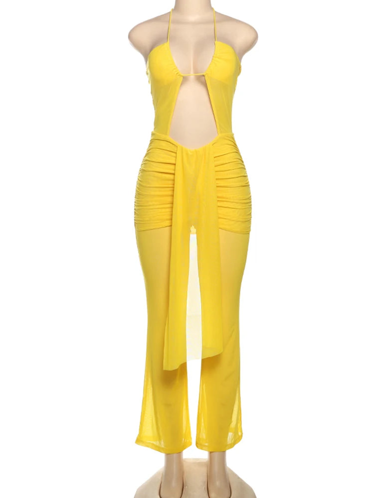 Weird Puss Backless Ruched Jumpsuit Women See Through Sexy Halter Ribbon Hollow Hipster Skinny Summer Clubwear Midnight Overalls