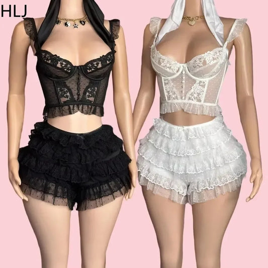 HLJ&GG Lace Sexy Embroidery Sheer Two Piece Sets For Women Thin Strap Tank Top + Ruffle Mini Skirts Shorts Outfit Party Clubwear